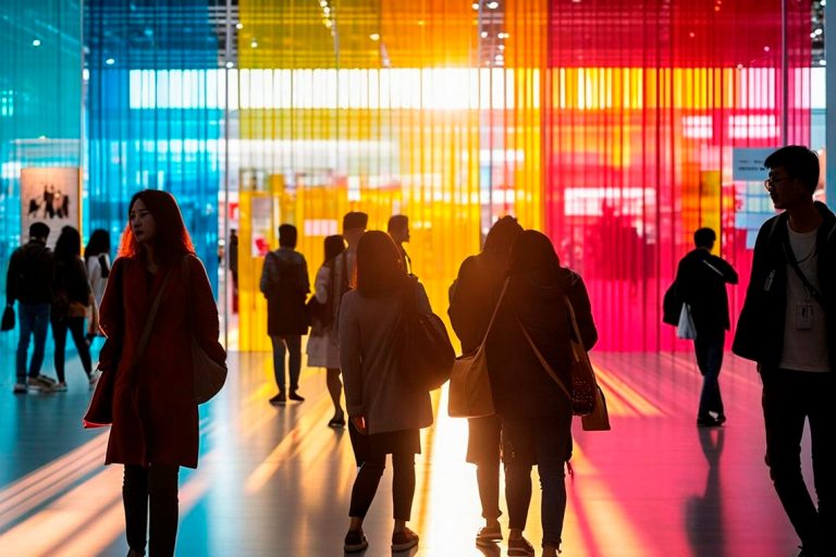 Visitantes de una feria ante paneles translúcidos de colores retroiluminados
