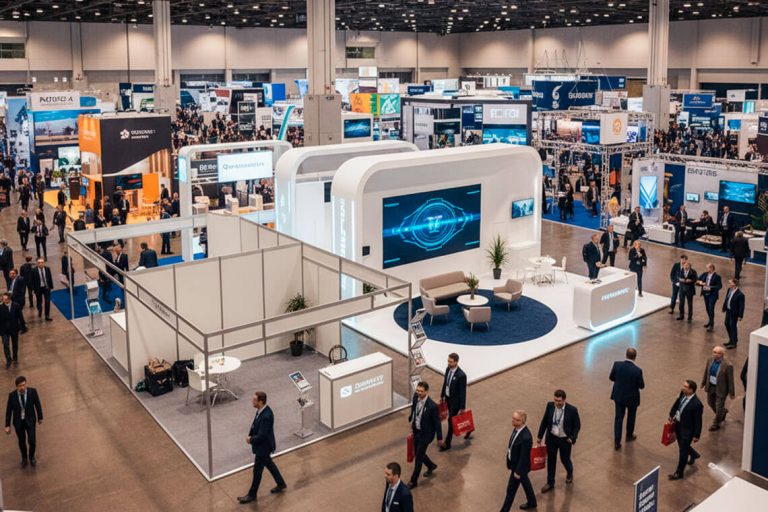 Vista aérea de un stand modular blanco con pantalla y zona de descanso en un pabellón ferial